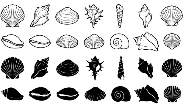 Seashell Scallop Shell and Conch Outline and Silhouette Vector Set