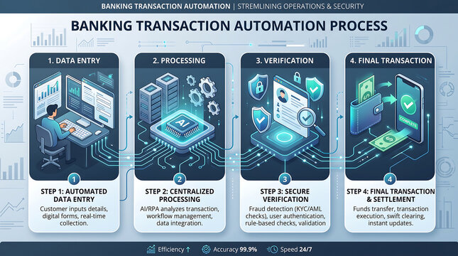 Banking transaction automation process infographic showing four steps, including data entry, centralized processing, secure verification, and final settlement with ai and digital finance icons
