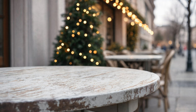 Empty vintage round wooden table outdoors on a decorated city street during winter holidays