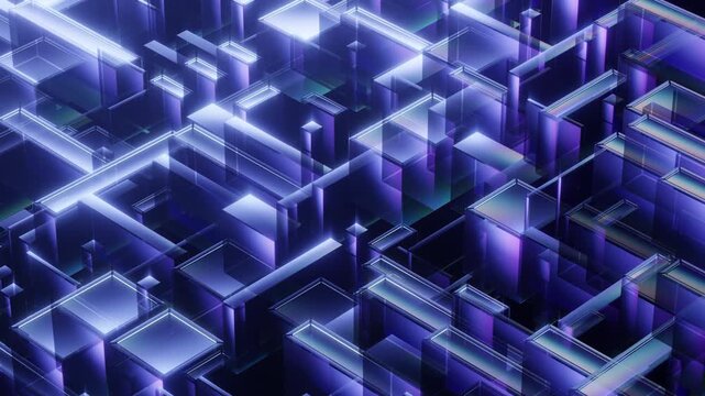 Futuristic abstract animation of glowing neon blue and purple geometric labyrinth structure with reflective glass blocks and digital data movement, perfect for modern technology background.
