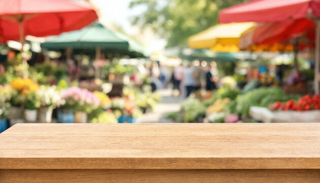 Empty wooden table top with blurred outdoor street market background for product display