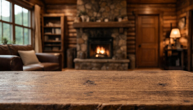 Rustic wooden table top with blurred cozy cabin interior background featuring a stone fireplace