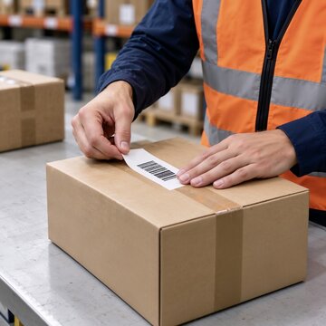 Close-up of warehouse worker hands applying a barcode label to a cardboard parcel, illustrating order fulfillment, logistics and ecommerce shipping.