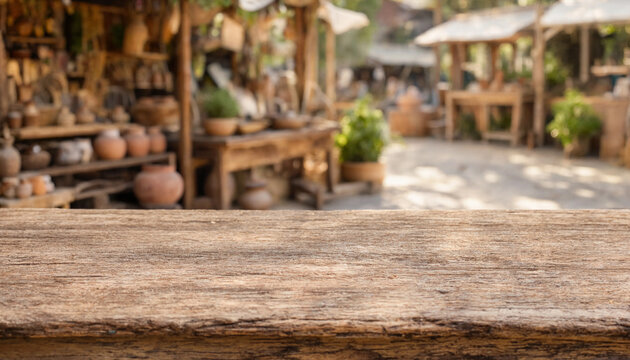 Rustic wooden table top with blurred outdoor medieval market background for display