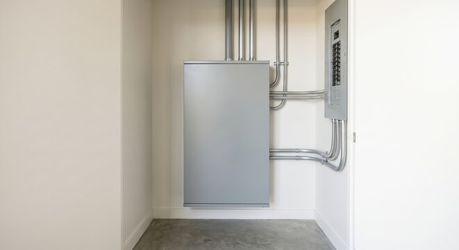 Modern home energy storage unit in minimalist utility closet with organized conduit and circuit breakers