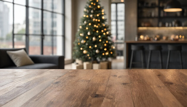 Wooden table top in front of blurred modern interior with decorated christmas tree