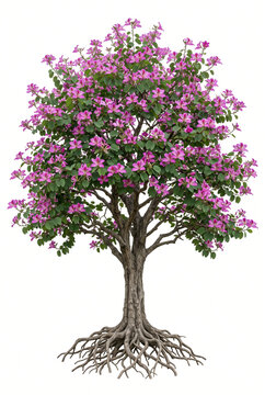 Mature Hong Kong Orchid Tree, broad ornamental canopy with abundant large pink-purple orchid-shaped blossoms and distinctive bilobed leaves, sturdy trunk and exposed roots,