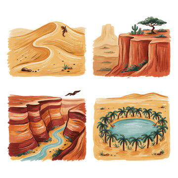 Illustrated Desert Landscapes Featuring Canyons Rivers and Oasis Scenery transparent background