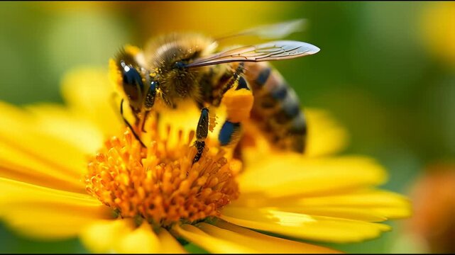 A bee collects pollen from a bright yellow flower in a garden, showing its wings and body covered in pollen as it moves.