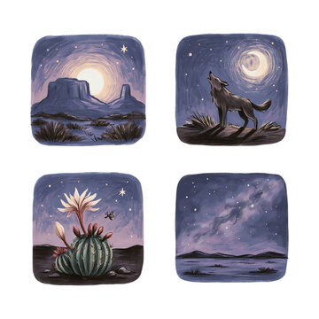 Illustrated Desert Night Scenes With Moonlit Wolf And Cactus Under Stars transparent background