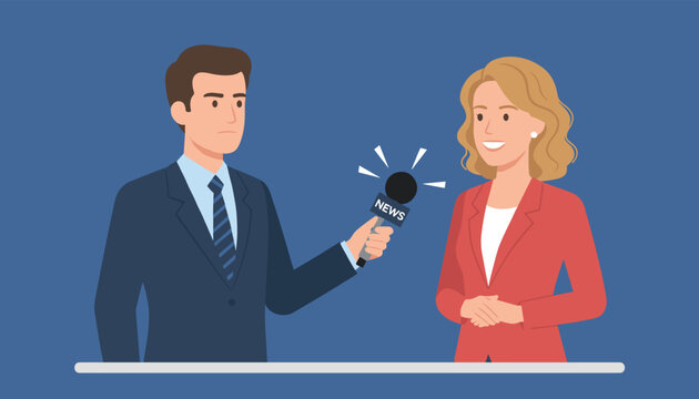 Male TV news reporter in a dark suit holding a microphone and interviewing a smiling professional business woman.