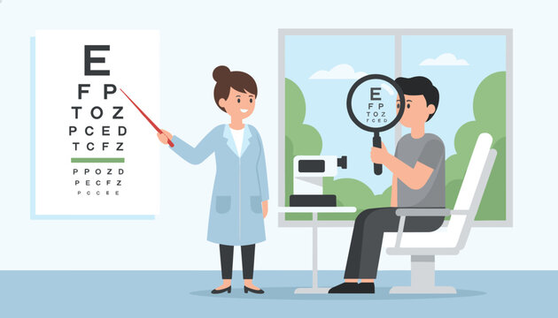 Professional female ophthalmologist conducting diagnostic eye exam for young male patient in modern optometry clinic.