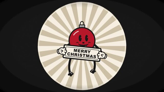 Retro Christmas vector illustration with a vintage cartoon bauble character holding a Merry Christmas sign