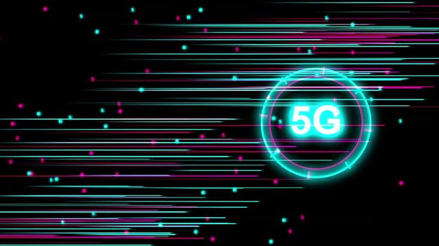 5 g network technology concept with neon digital data stream and cyber speed motion connectivity
