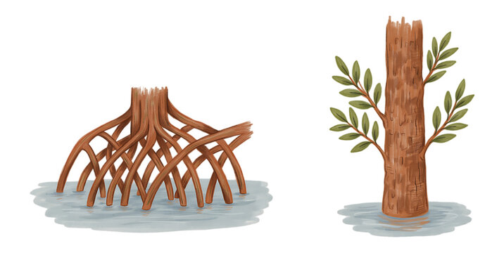 Illustration of mangrove tree roots and regular tree in shallow water environment transparent background