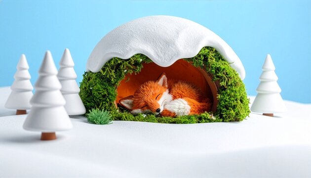Cute miniature sleeping fox in a cozy moss cave covered in winter snow
