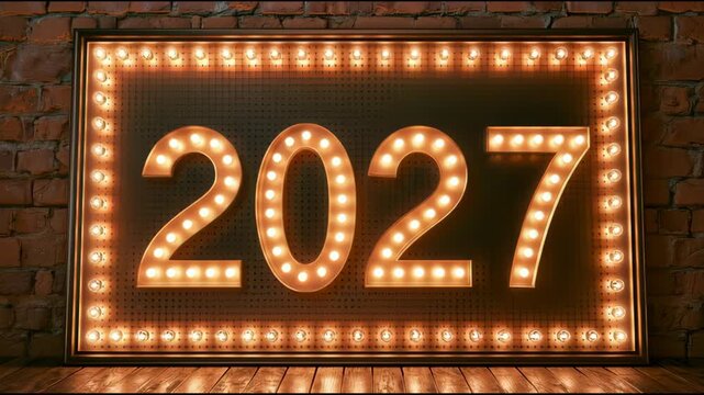 Bright lights illuminate changing numbers representing the years 2025 and 2027 in a dim room. The focus shifts between the two years.