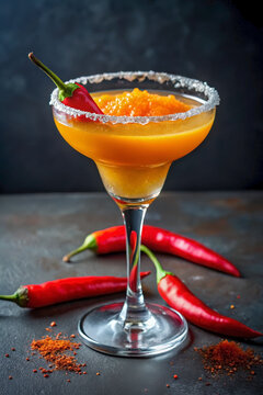 Frozen Orange Spicy Margarita with Red Chili Garnish and Salted Rim for Exotic Tequila Cocktail Blogs, Unique Bar Menus, Summer Drink Recipes, and Modern Happy Hour Promotions