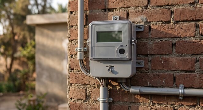 Electricity smart meter close-up mounted on brick wall exterior with wiring connection