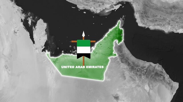 United Arab Emirates country map animation with national flag and satellite view
