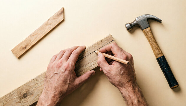 Mains d'artisan tra&ccedil;ant au crayon et &eacute;querre sur fond beige