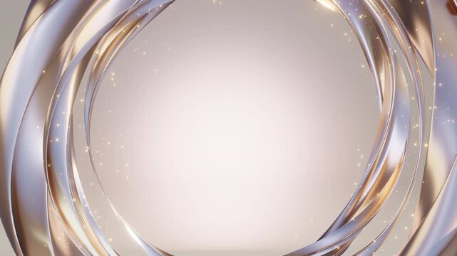 Elegant 3D animation loop featuring abstract metallic circular swirls, glowing particles, and copy space for luxury branding, award ceremonies, and modern cosmetic product video intros.