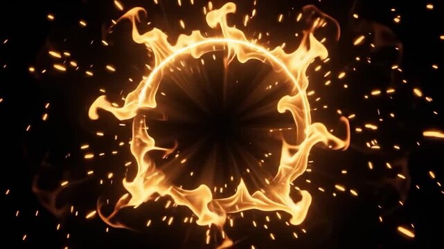Magical Fire Portal Ring Opening and Closing, Fantasy Flame Transition on Black Background