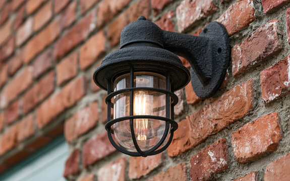 Black industrial outdoor wall lamp mounted on red brick wall. Vintage style maritime bulkhead light fixture provides illumination for building exterior