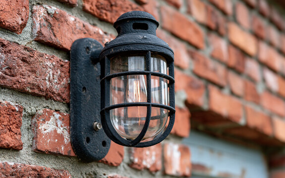 Black industrial outdoor wall lamp mounted on red brick wall. Vintage style maritime bulkhead light fixture provides illumination for building exterior