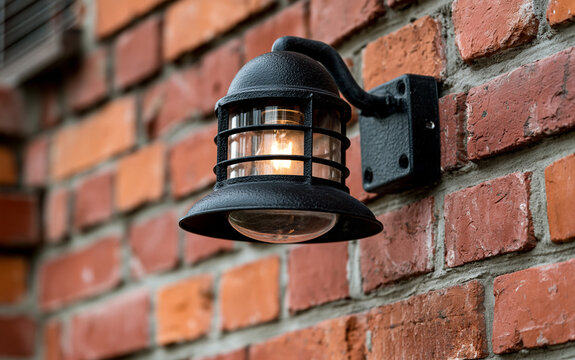 Black industrial outdoor wall lamp mounted on red brick wall. Vintage style maritime bulkhead light fixture provides illumination for building exterior