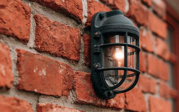 Black industrial outdoor wall lamp mounted on red brick wall. Vintage style maritime bulkhead light fixture provides illumination for building exterior