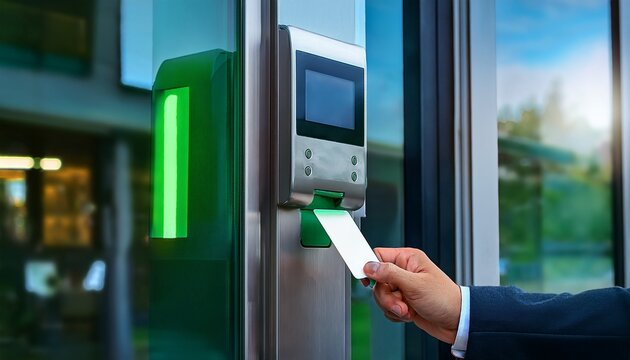 a close up view of a hand using a white access card to swipe against an electronic reader on a glass door indicated by a glowing green light