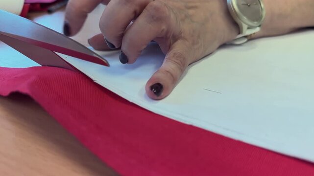 Caucasian woman with dark nails uses scissors to cut white fabric while holding it down with her fingers on a wooden table, with red cloth and sewing tools visible in the background