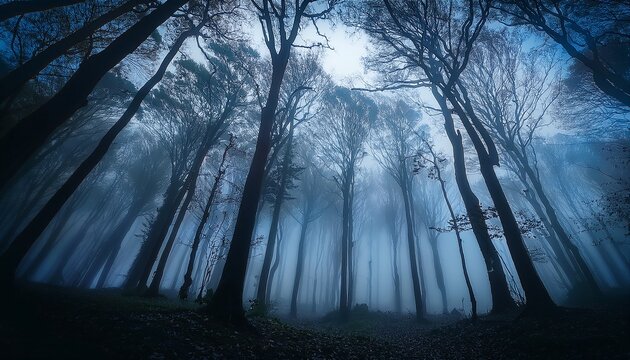 mysterious fog envelops dark forest creating eerie atmosphere with silhouettes of trees scene evokes sense of intrigue and suspense perfect for storytelling