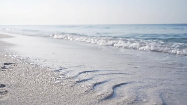 Serene beach scene with gentle waves washing ashore on a sandy coastline under a bright sky