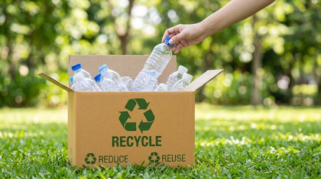 Person recycling plastic bottle into cardboard bin with reduce reuse symbols on grass