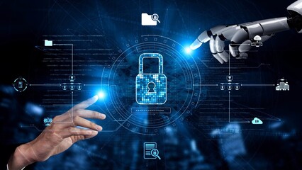 Obraz premium Cyber security protection and cyber security strategies against cyber threats, system hacks, digital breaches, network attacks, and safeguarding data with strong cyber security infrastructure. Muxer