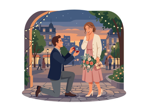 Man proposing marriage with ring to surprised woman holding flowers in romantic city street