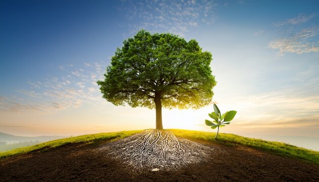 large green tree with deep roots in soil and small sapling growing on hill at sunrise
