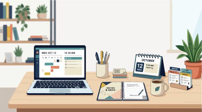 Laptop computer and calendar on office desk with an organized planning setup
