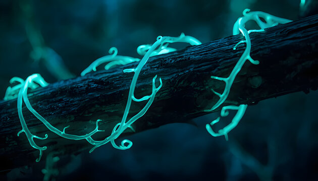 Bioluminescent green vine glowing on a dark textured wooden branch with tree branch neon green dark background wood texture climbing plant glowing light glowing flora science fiction mystical