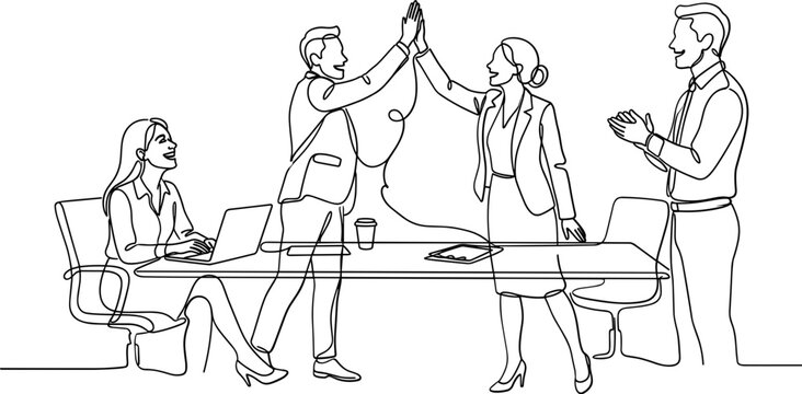 Line art illustration of office workers celebrating success with high fives.
