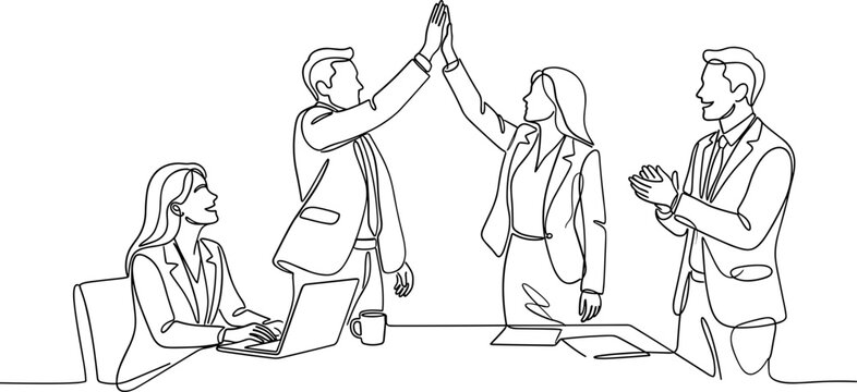Line drawing of business team celebrating with high five and applause.