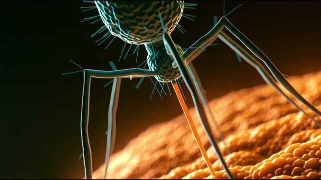 A virus moves closer to a cells surface in a laboratory. The dark background highlights the viruss structure and its target.