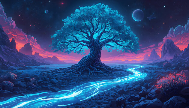 Glowing blue tree of life standing beside a luminous river in a fantasy landscape with magic forest night scenery enchanted world blue neon starry sky mystical scenery surreal nature art