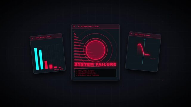 Futuristic system failure interface with critical error warnings and data charts in a dark cyber security concept