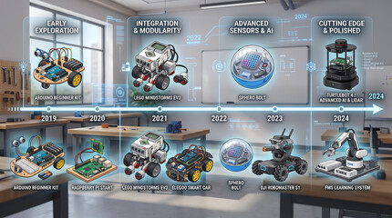 Obraz premium Robotics evolution timeline infographic showing educational kits, arduino, lego mindstorms, sphero bolt, dji robomaster, and turtlebot 4 in a workshop setting