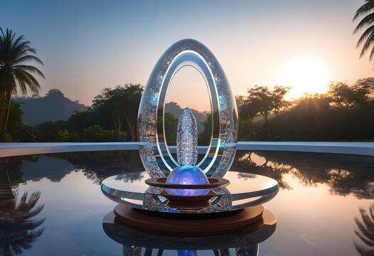 Futuristic Glass Sculpture at Sunset in Tropical Landscape