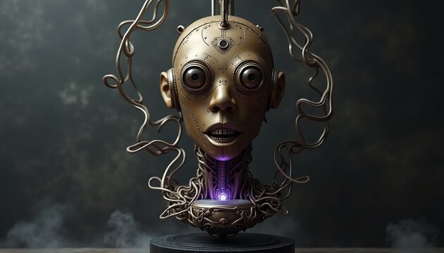 Steampunk Mechanical Head with Copper Wiring and Glowing Purple Elements