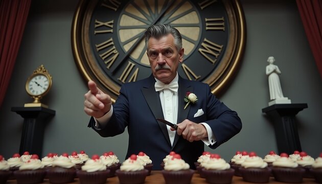 Formal Groom Cutting Cupcakes at Elegant Event with Vintage Clock Backdrop